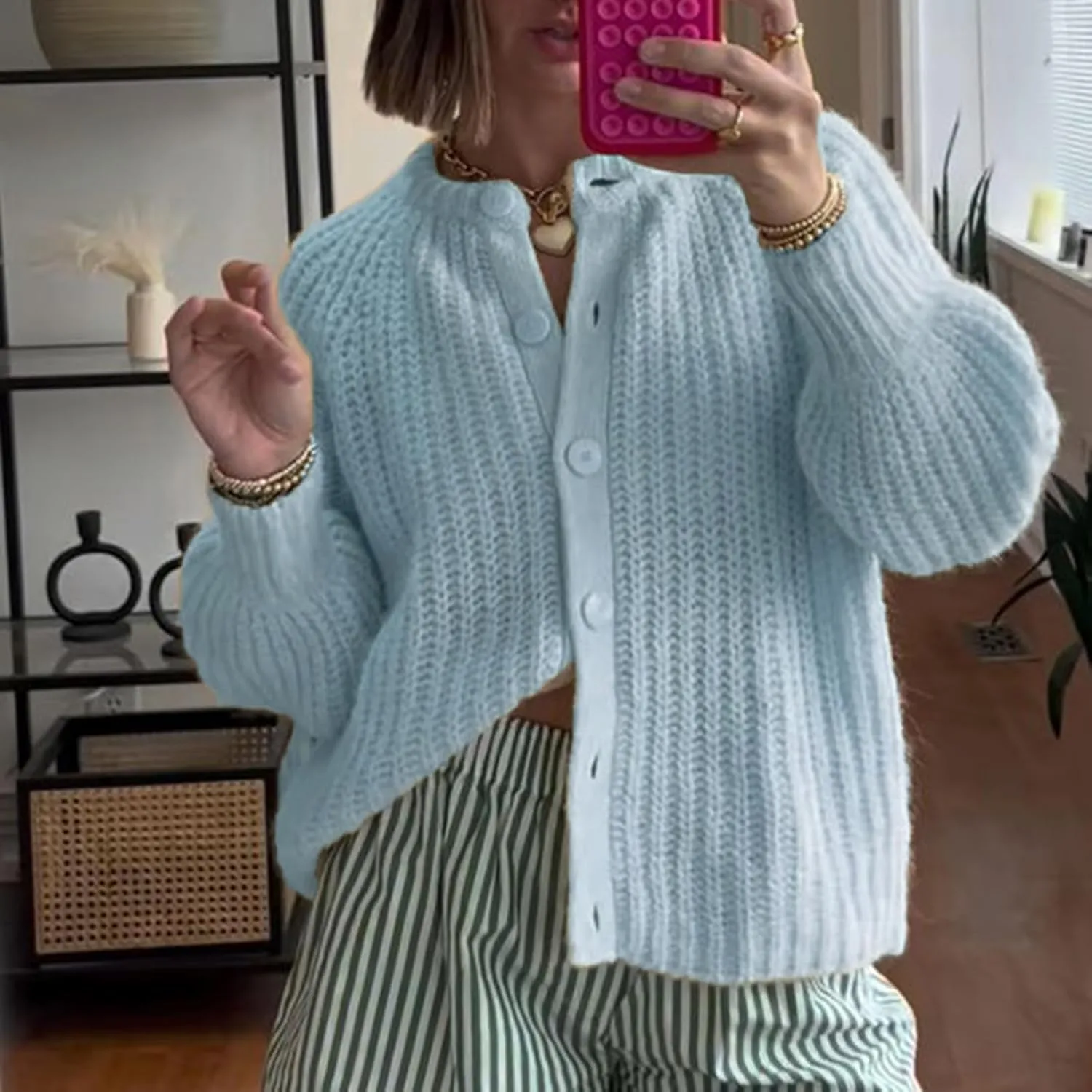 Women Y2k Knitted Cropped Cardigan Sweater Long Sleeve Crewneck Button Down Open Front Knitwear Top Streetwear