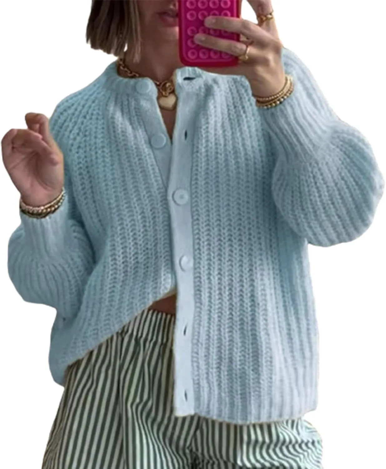 Women Y2k Knitted Cropped Cardigan Sweater Long Sleeve Crewneck Button Down Open Front Knitwear Top Streetwear