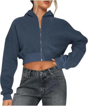 Women Zip Up Cropped Hoodies Fleece Jackets Sweatshirts Fashion Fall Outfits 2024 Teen Girls Y2k Clothes Workout Tops