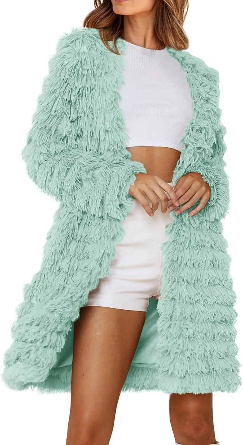 Women's 2023 Winter Faux Fur Jackets Fall Fashion Open Front Long Shaggy Coat Outerwear Tiered Maxi Faux Fur Cardigans