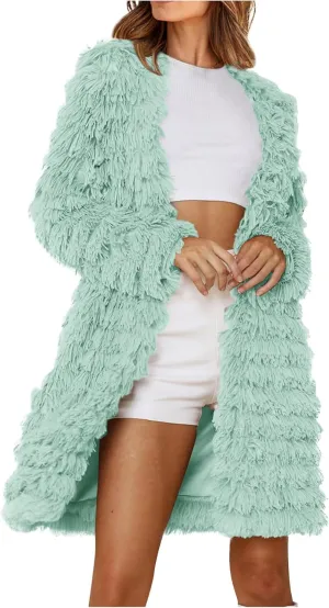 Women's 2023 Winter Faux Fur Jackets Fall Fashion Open Front Long Shaggy Coat Outerwear Tiered Maxi Faux Fur Cardigans