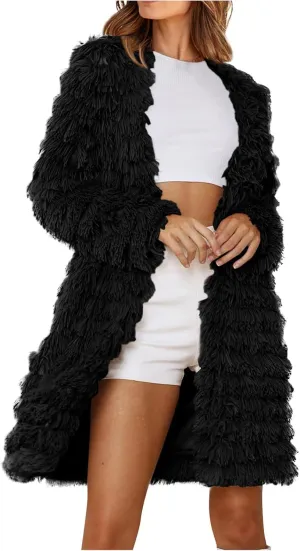 Women's 2023 Winter Faux Fur Jackets Fall Fashion Open Front Long Shaggy Coat Outerwear Tiered Maxi Faux Fur Cardigans