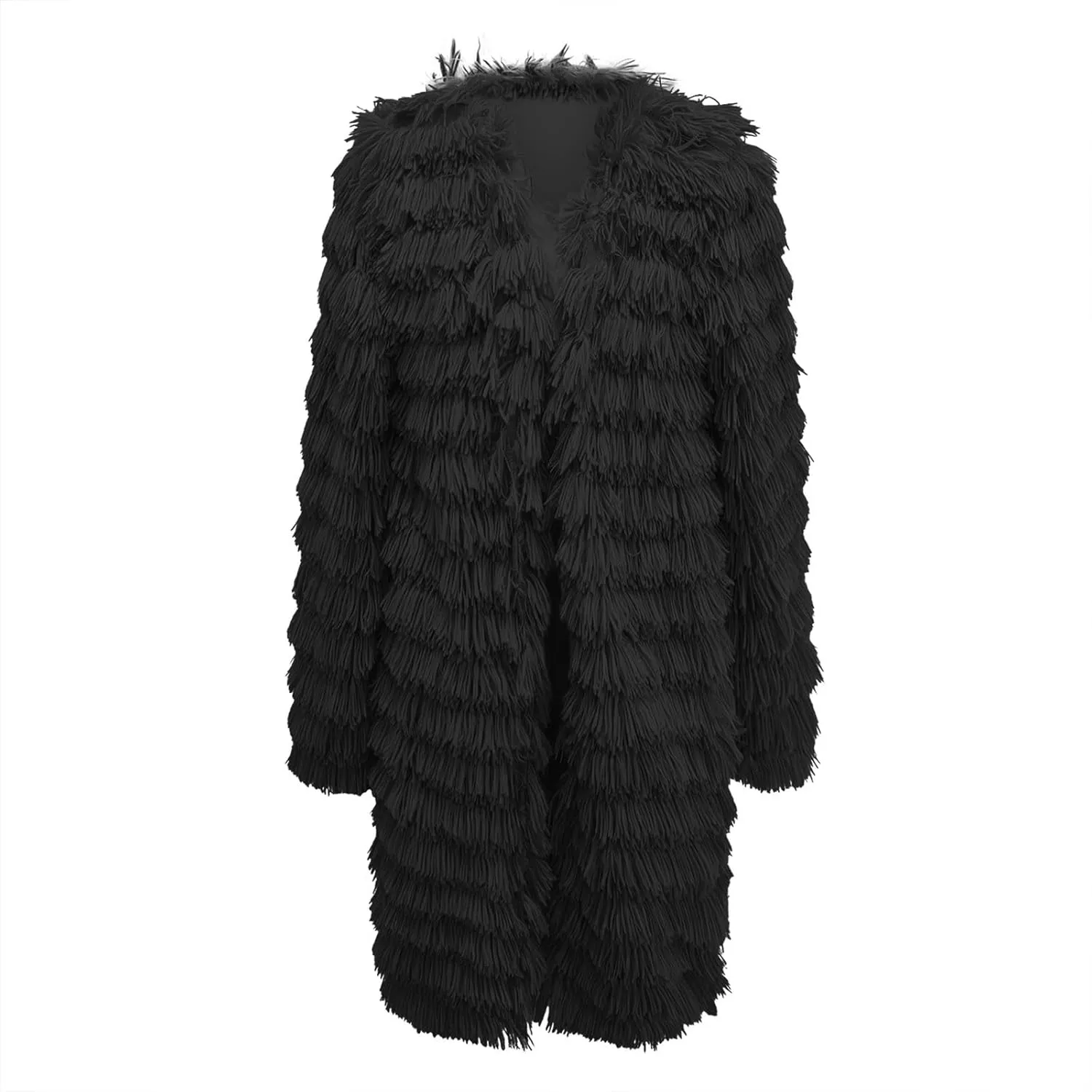 Women's 2023 Winter Faux Fur Jackets Fall Fashion Open Front Long Shaggy Coat Outerwear Tiered Maxi Faux Fur Cardigans