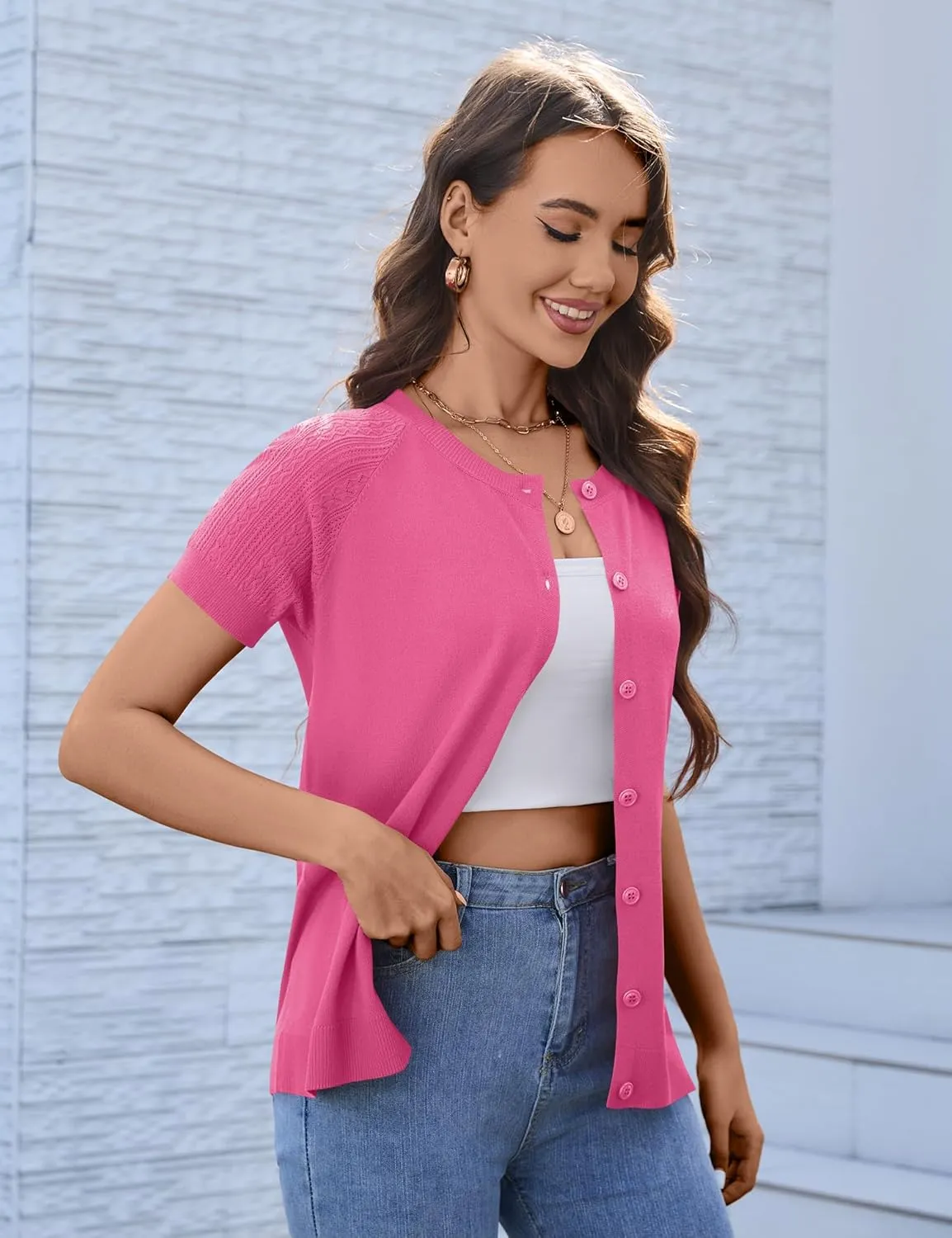 Women's 2025 Short Sleeve Cardigan Button Up Hollowed Out Crewneck Shrug Sweaters Knit Sweater Tops Lightweight