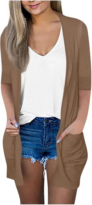 Women's Blazers & Suit Jackets, House Coats for Women with Pockets Solid 3/4 Sleeve Basic Summer Draped Cardigans
