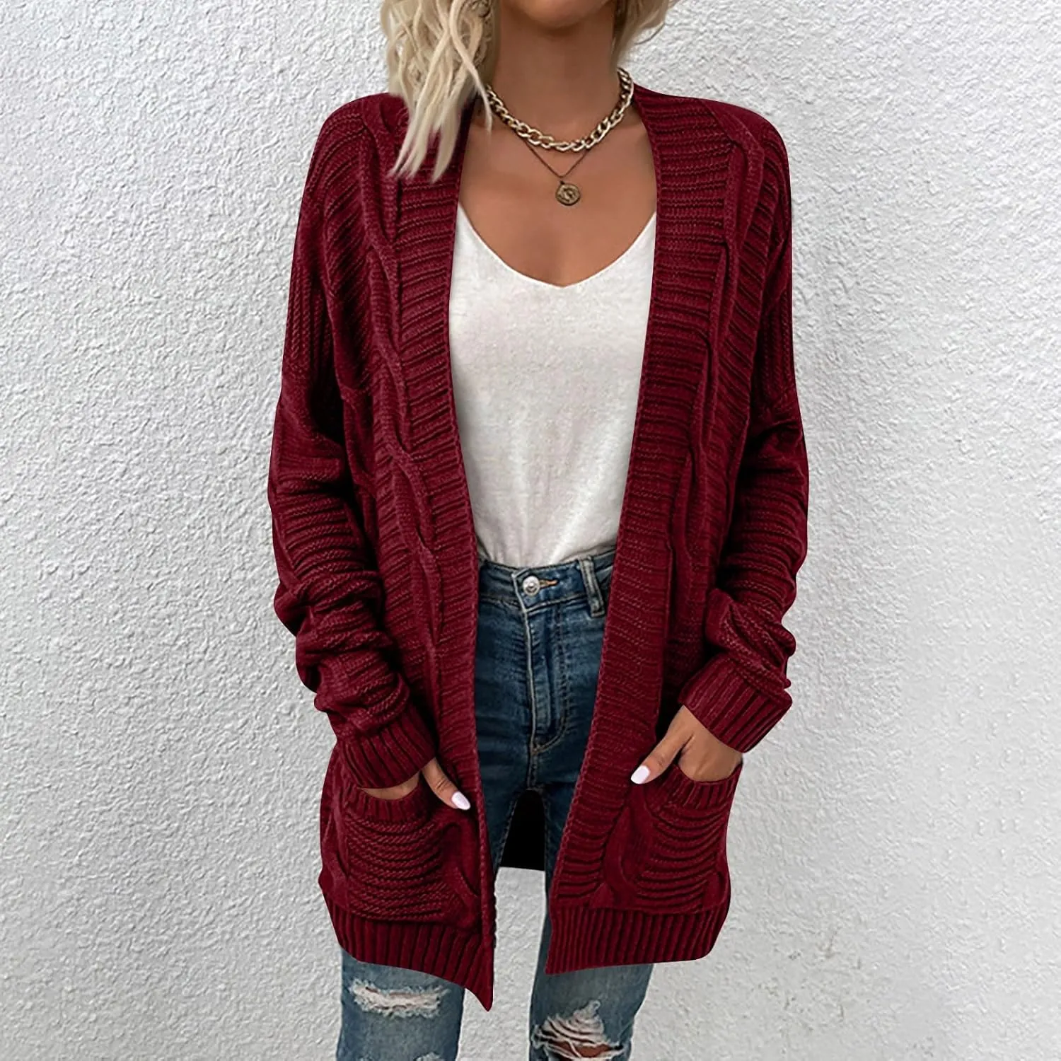 Women's Cable Knit Long Sleeve Open Front Cardigan Oversized Lightweight Cardigan Sweaters Cover Up with Pockets