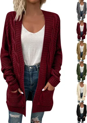 Women's Cable Knit Long Sleeve Open Front Cardigan Oversized Lightweight Cardigan Sweaters Cover Up with Pockets