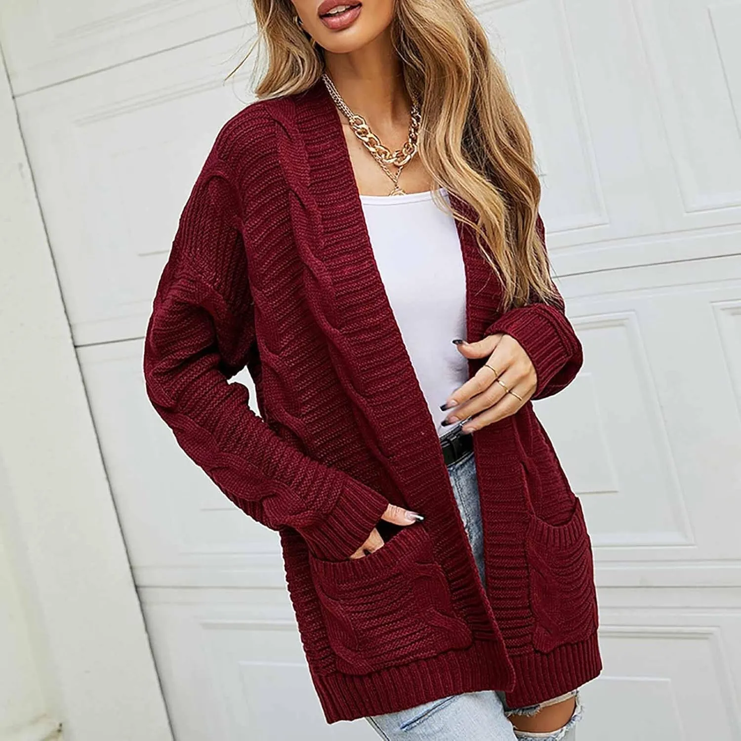 Women's Cable Knit Long Sleeve Open Front Cardigan Oversized Lightweight Cardigan Sweaters Cover Up with Pockets