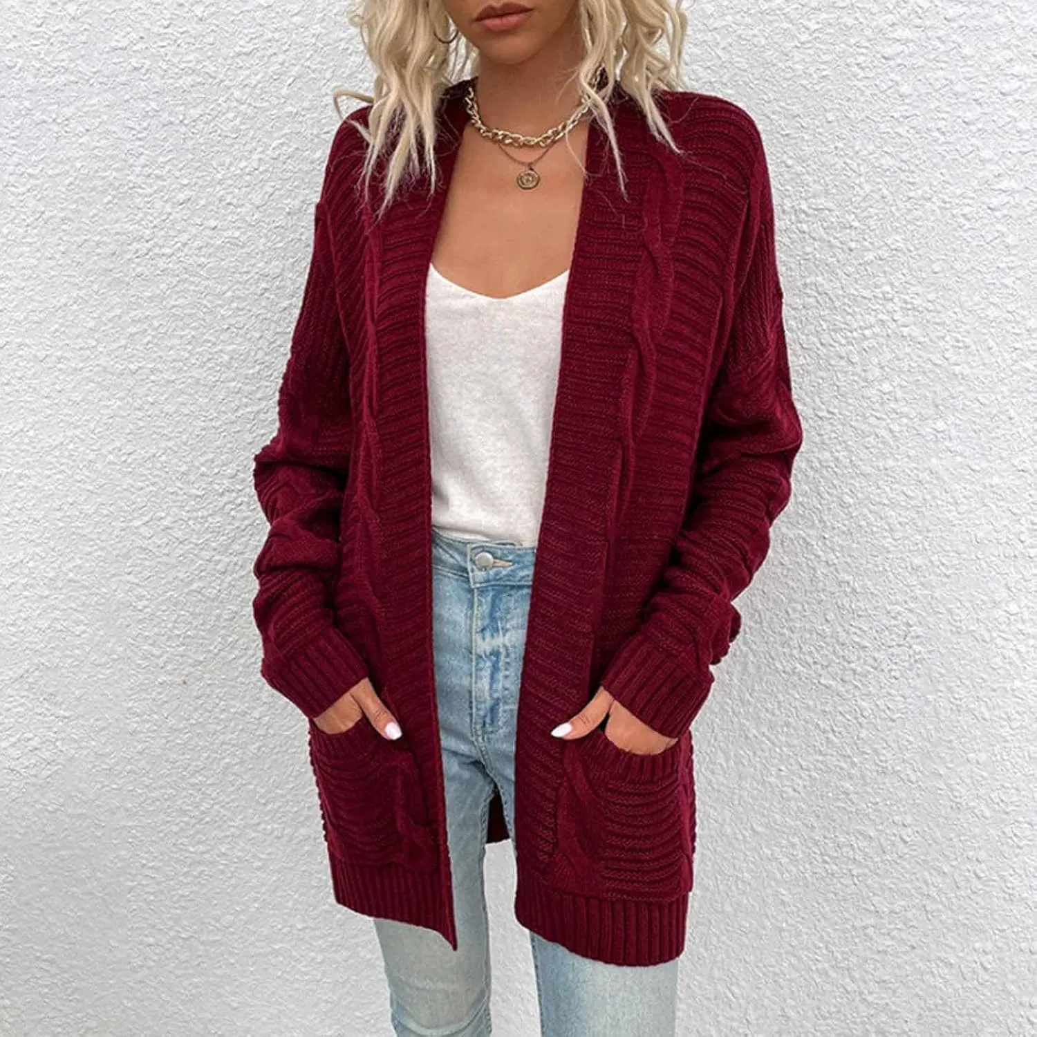 Women's Cable Knit Long Sleeve Open Front Cardigan Oversized Lightweight Cardigan Sweaters Cover Up with Pockets