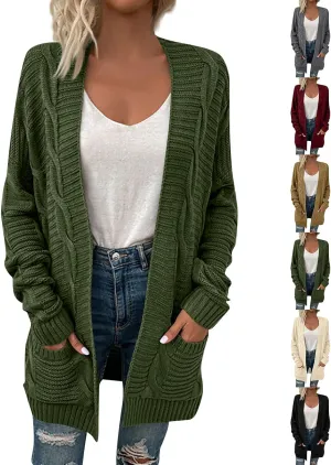 Women's Cable Knit Long Sleeve Open Front Cardigan Oversized Lightweight Cardigan Sweaters Cover Up with Pockets