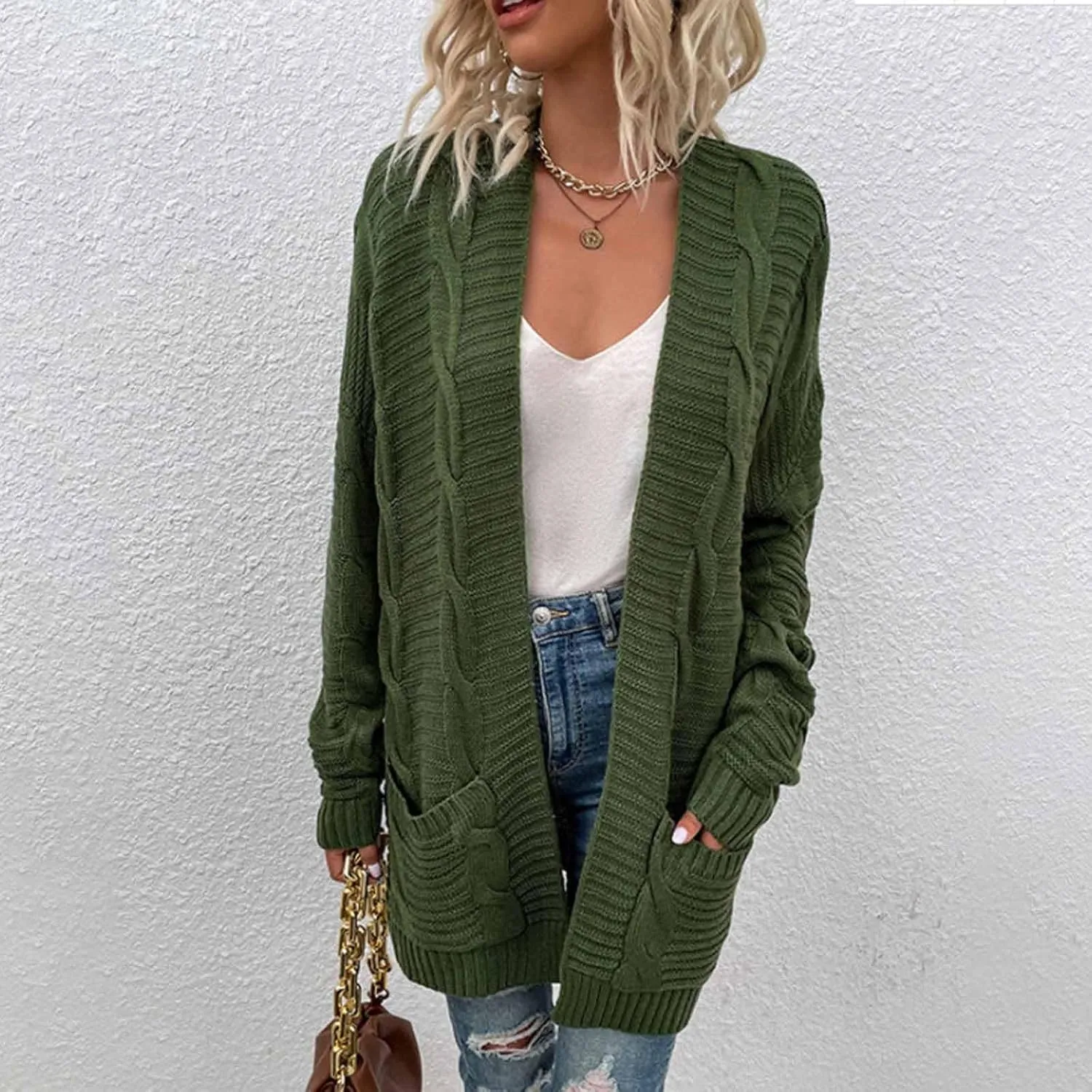 Women's Cable Knit Long Sleeve Open Front Cardigan Oversized Lightweight Cardigan Sweaters Cover Up with Pockets