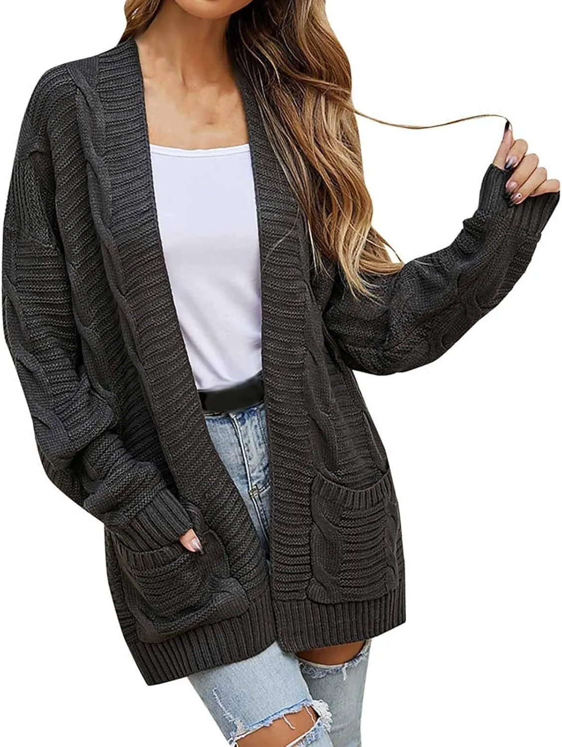 Women's Cable Knit Long Sleeve Open Front Cardigan Oversized Lightweight Cardigan Sweaters Cover Up with Pockets