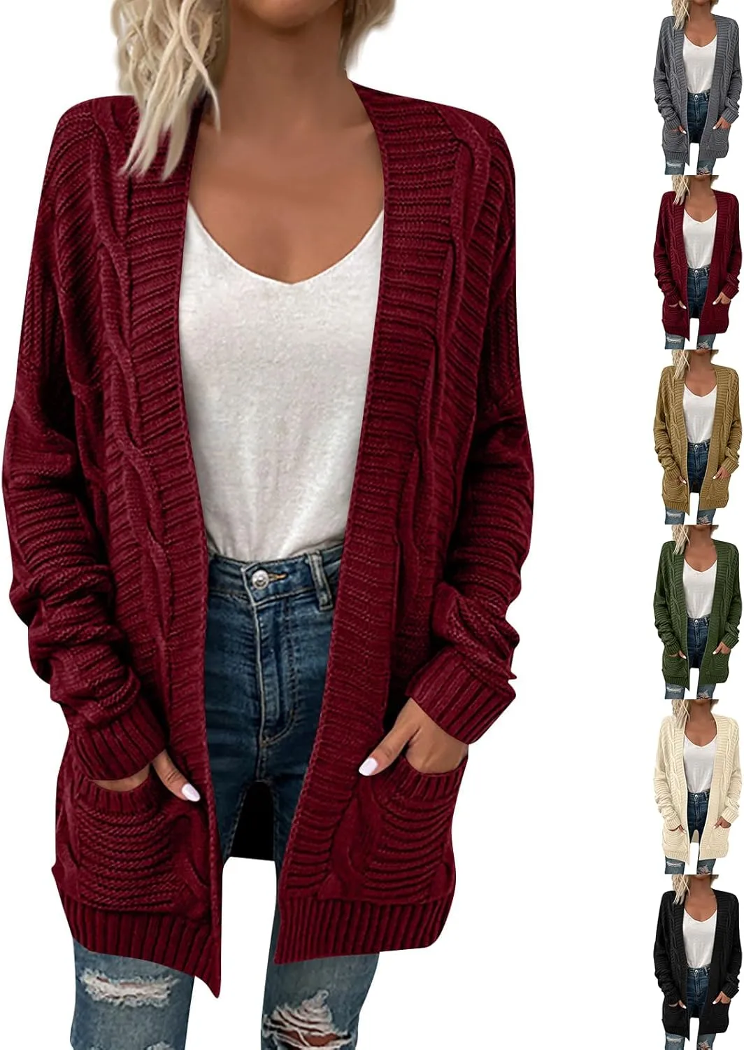 Women's Cable Knit Long Sleeve Open Front Cardigan Oversized Lightweight Cardigan Sweaters Cover Up with Pockets