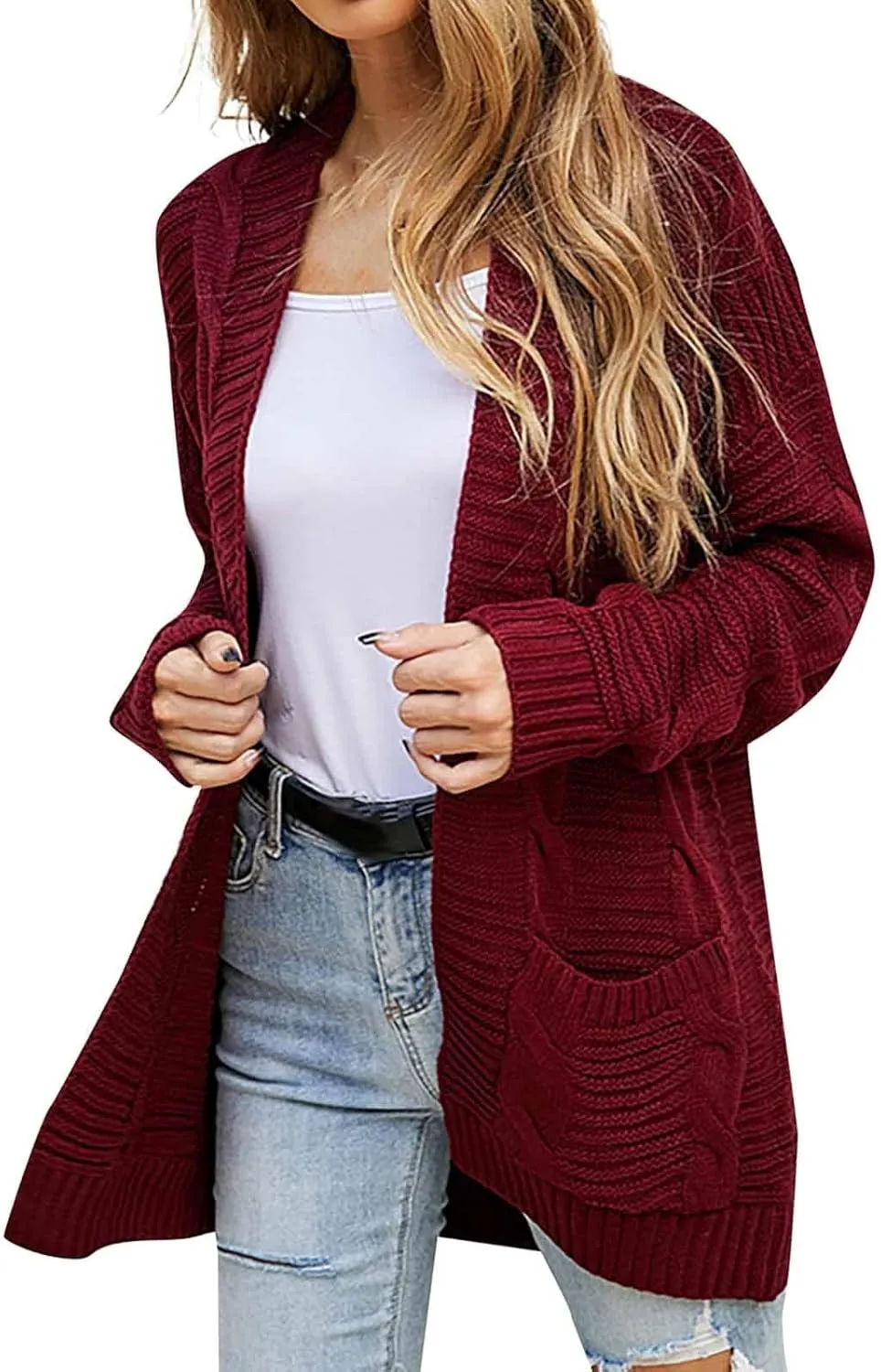 Women's Cable Knit Long Sleeve Open Front Cardigan Oversized Lightweight Cardigan Sweaters Cover Up with Pockets