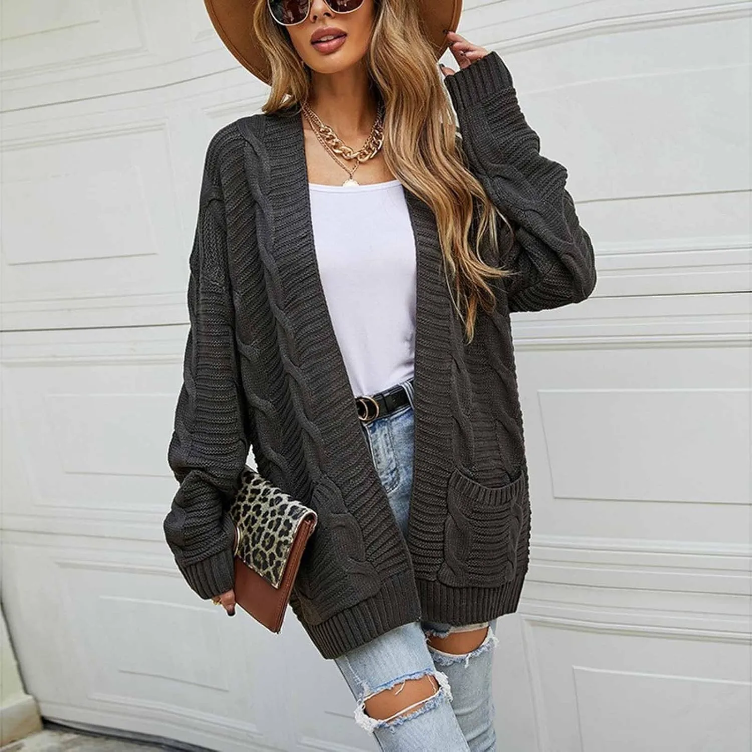 Women's Cable Knit Long Sleeve Open Front Cardigan Oversized Lightweight Cardigan Sweaters Cover Up with Pockets