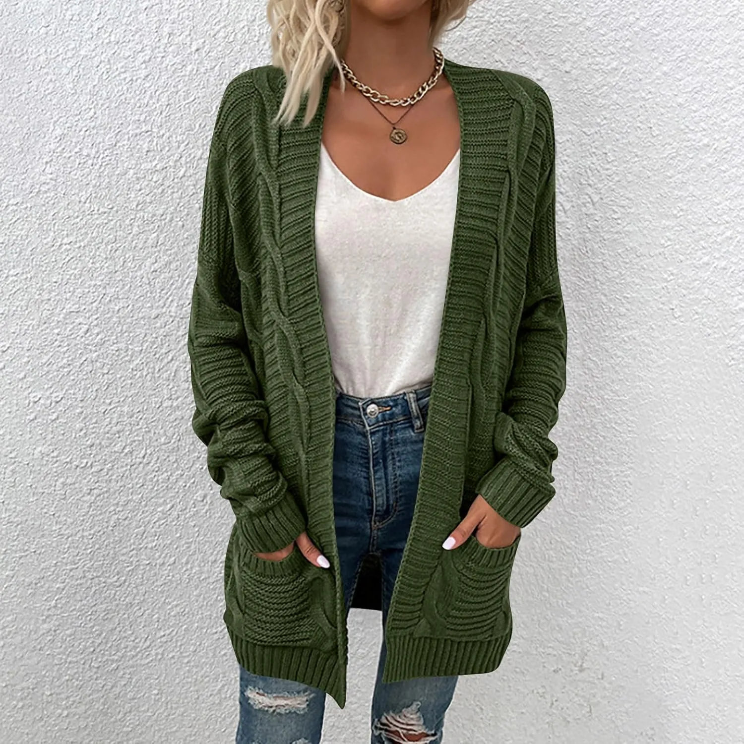 Women's Cable Knit Long Sleeve Open Front Cardigan Oversized Lightweight Cardigan Sweaters Cover Up with Pockets