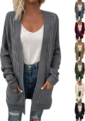 Women's Cable Knit Long Sleeve Open Front Cardigan Oversized Lightweight Cardigan Sweaters Cover Up with Pockets