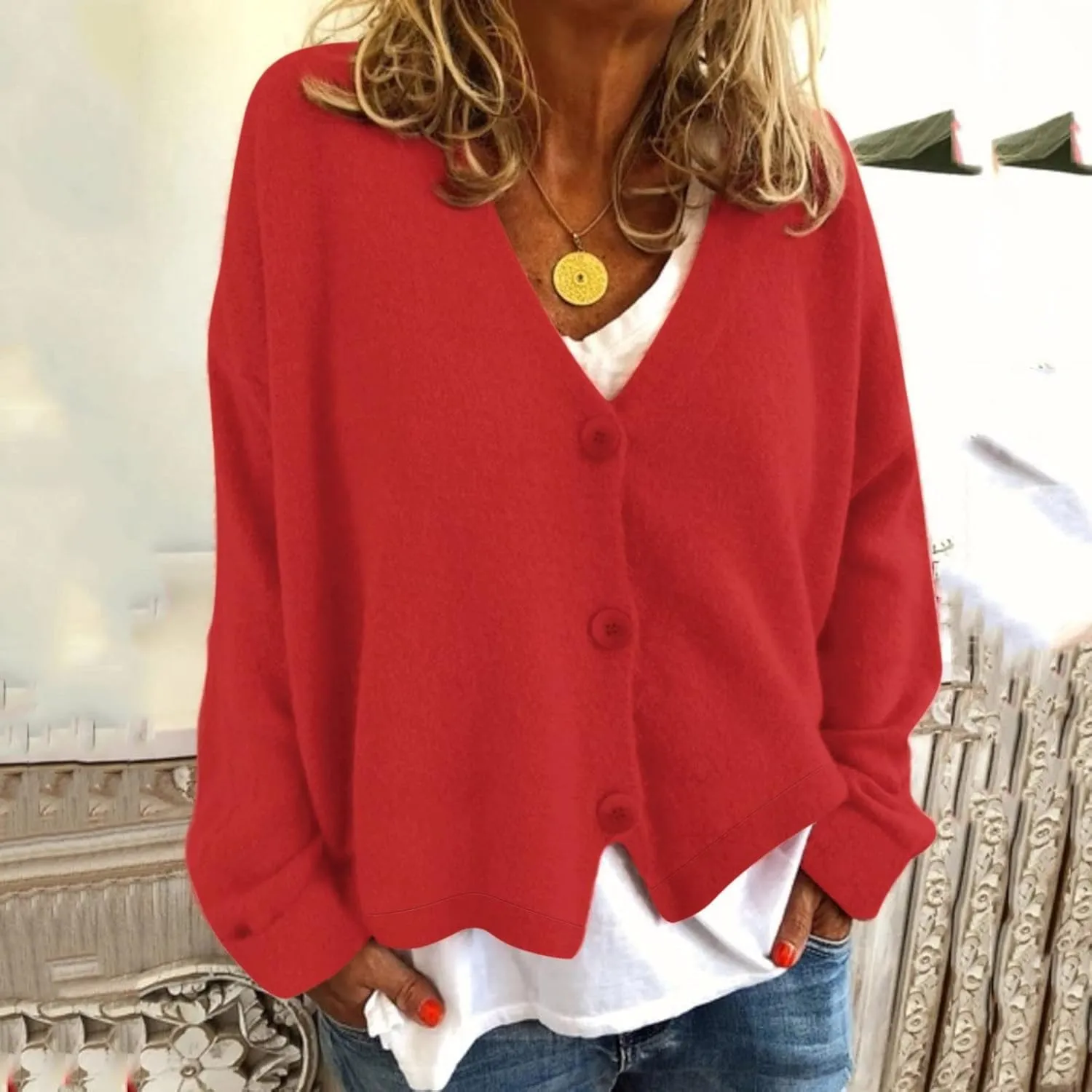 Women's Chunky Knit Open Front Sweater Long Sleeve Casual Solid Color Sweaters Coats V Neck Outerwear Button Loose Cardigan