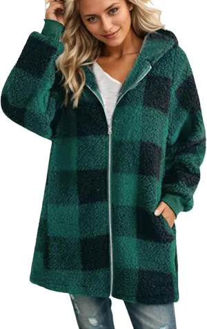 Womens Coat Winter Trendy Fuzzy Fleece Hoodies Zip Up Sherpa Fall Jackets Warm Plaid Cardigans With Pockets Outfits