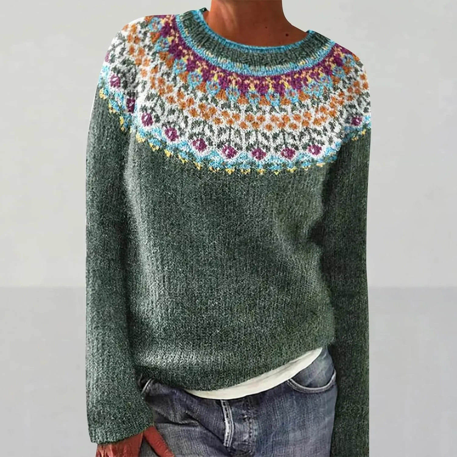 Women's Fair Isle Sweater Winter Warm Wool Knit Vintage Sweaters Retro Long Sleeve Boat Neck Lightweight Pullover Top