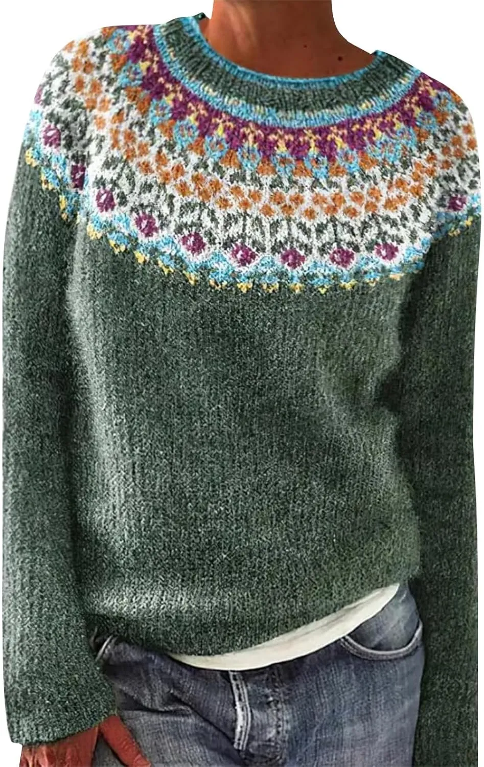 Women's Fair Isle Sweater Winter Warm Wool Knit Vintage Sweaters Retro Long Sleeve Boat Neck Lightweight Pullover Top