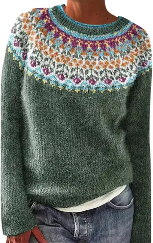 Women's Fair Isle Sweater Winter Warm Wool Knit Vintage Sweaters Retro Long Sleeve Boat Neck Lightweight Pullover Top