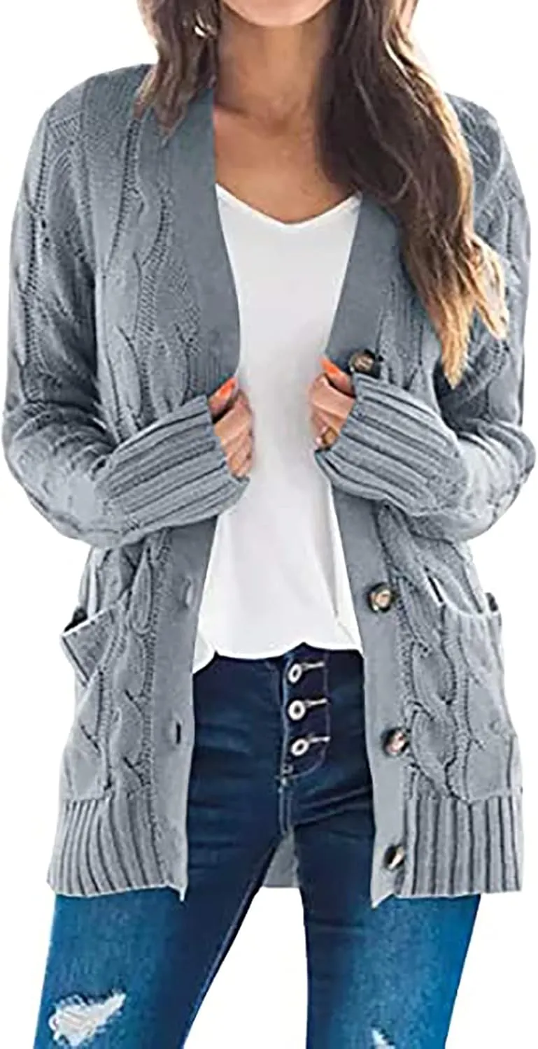 Womens Fall Sweater Open Front Cardigan Sweaters Button Long Sleeve Coats Outerwear Fashion Cable Knit Chunky Outwear