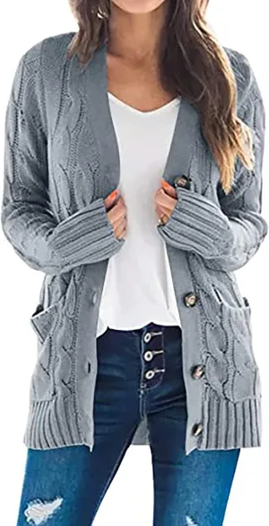 Womens Fall Sweater Open Front Cardigan Sweaters Button Long Sleeve Coats Outerwear Fashion Cable Knit Chunky Outwear