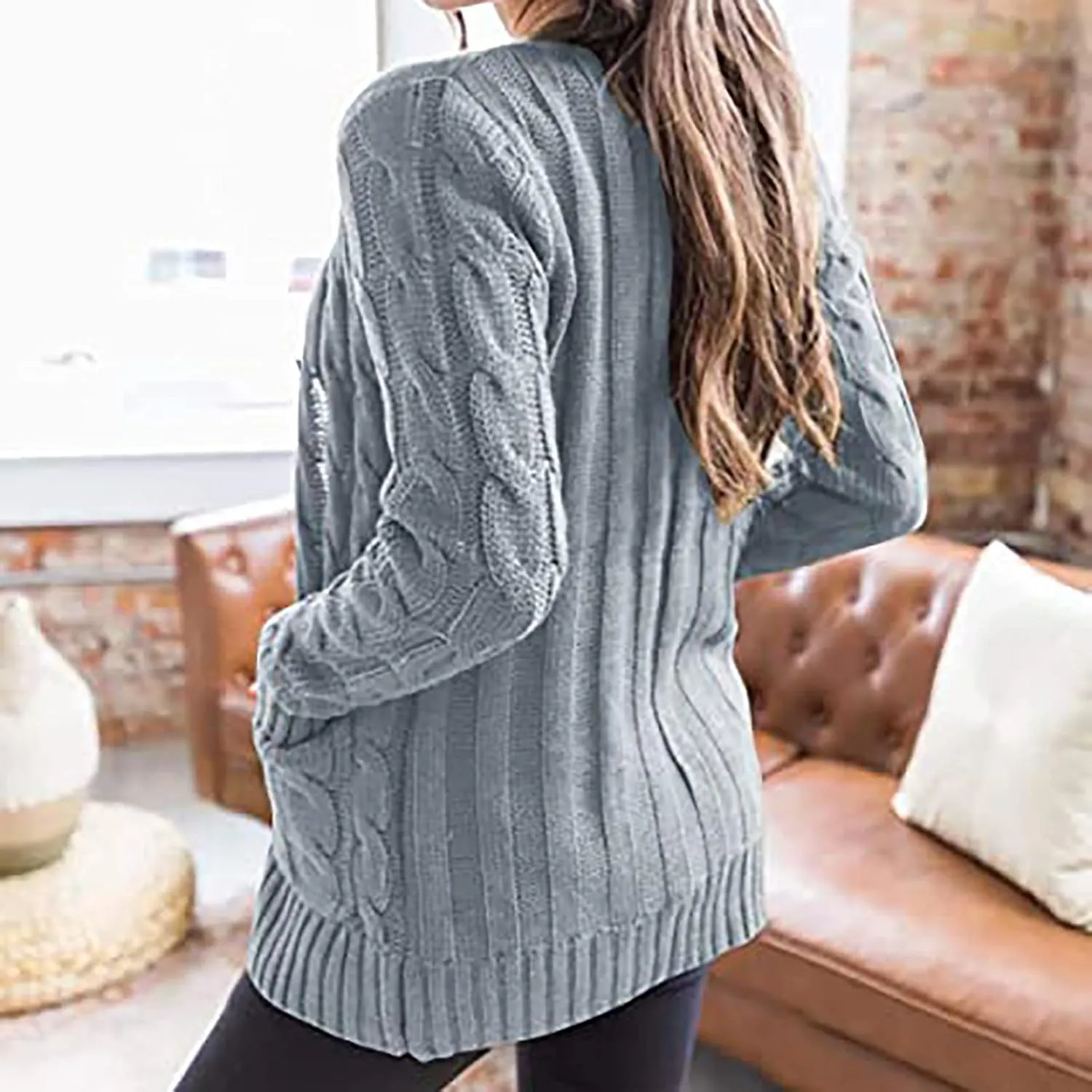 Womens Fall Sweater Open Front Cardigan Sweaters Button Long Sleeve Coats Outerwear Fashion Cable Knit Chunky Outwear