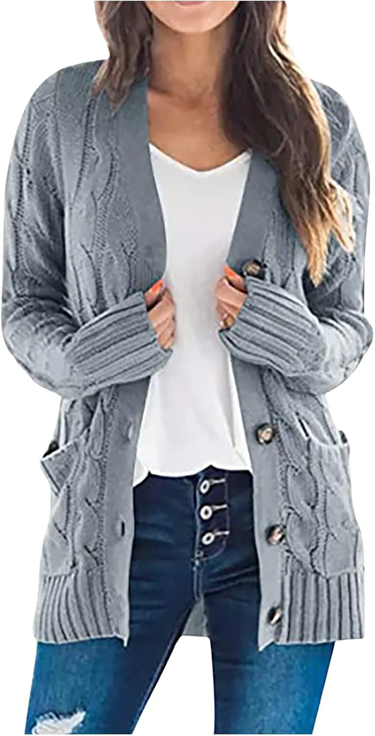 Womens Fall Sweater Open Front Cardigan Sweaters Button Long Sleeve Coats Outerwear Fashion Cable Knit Chunky Outwear