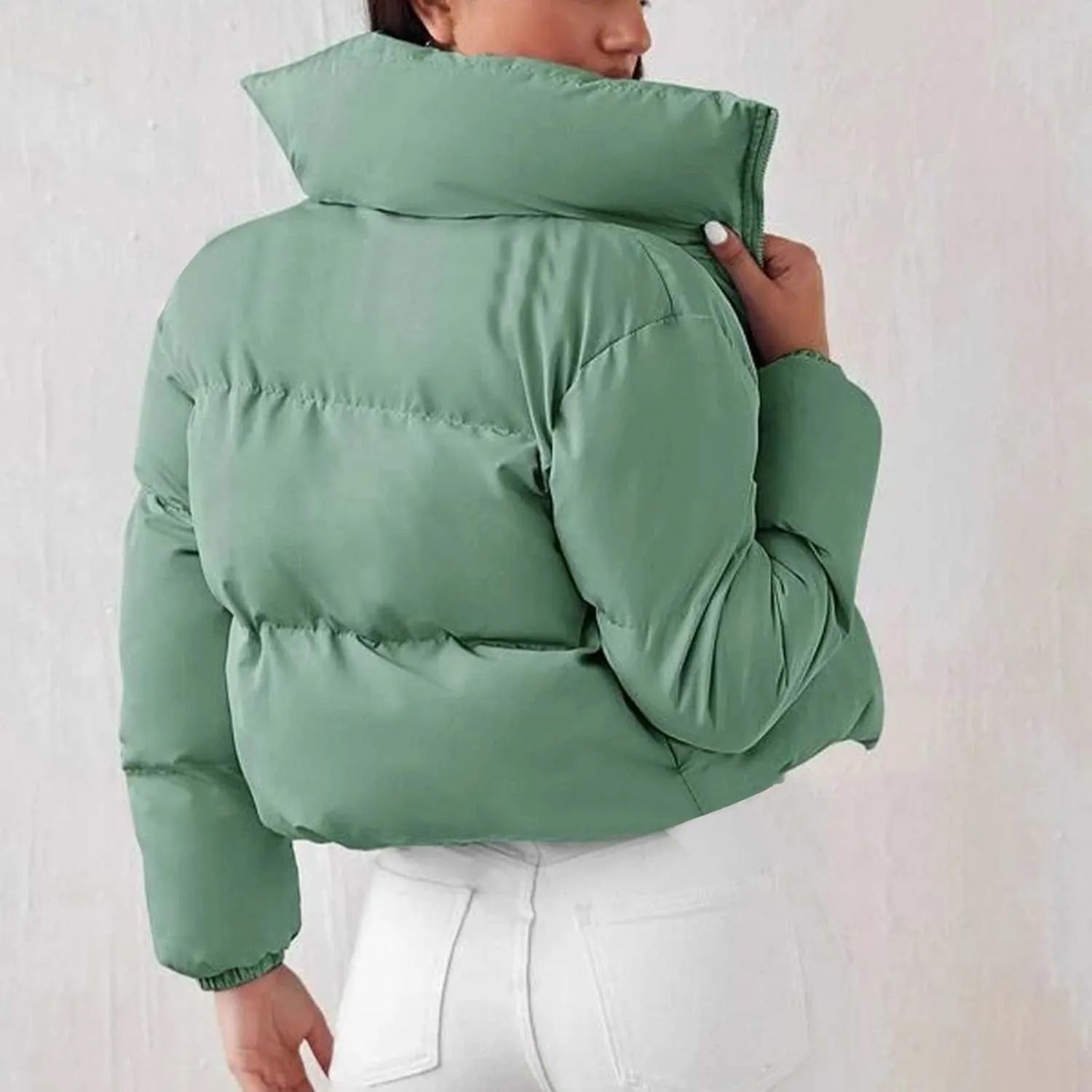 Womens Fashion Cropped Puffer Jacket Casual Solid Versatile Down Coat Slim Comfy Quilted Outwear 2024 Winter Warm Coats