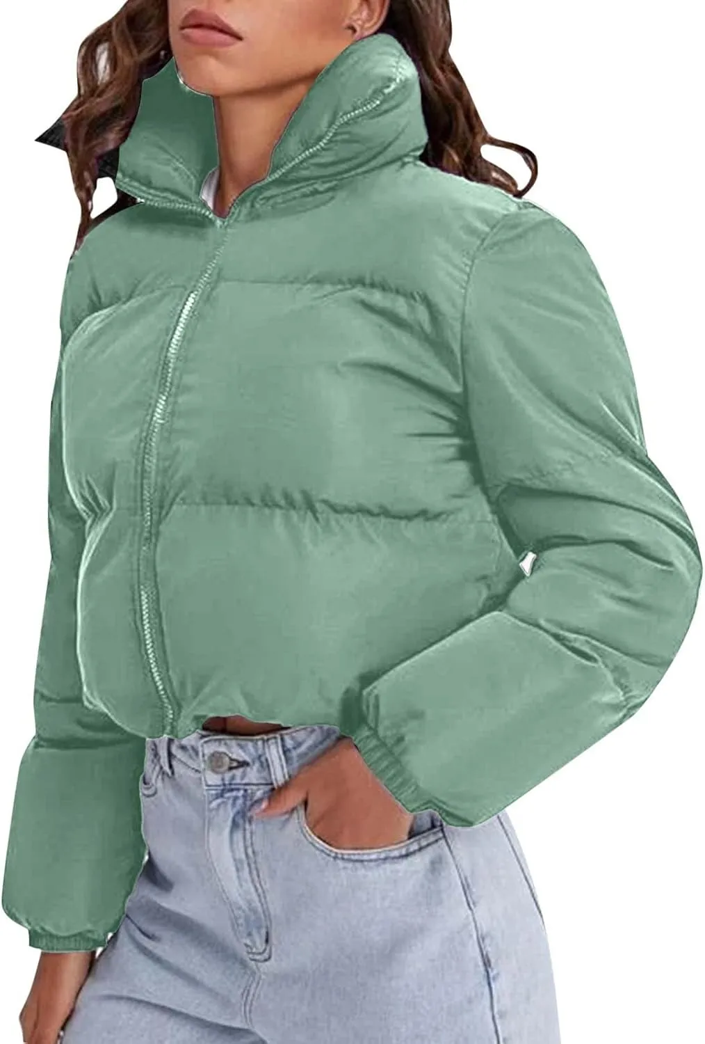 Womens Fashion Cropped Puffer Jacket Casual Solid Versatile Down Coat Slim Comfy Quilted Outwear 2024 Winter Warm Coats