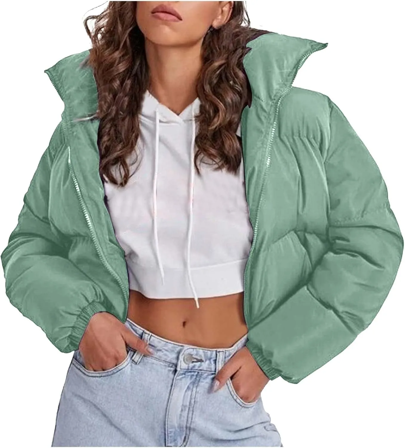 Womens Fashion Cropped Puffer Jacket Casual Solid Versatile Down Coat Slim Comfy Quilted Outwear 2024 Winter Warm Coats