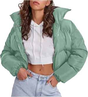 Womens Fashion Cropped Puffer Jacket Casual Solid Versatile Down Coat Slim Comfy Quilted Outwear 2024 Winter Warm Coats