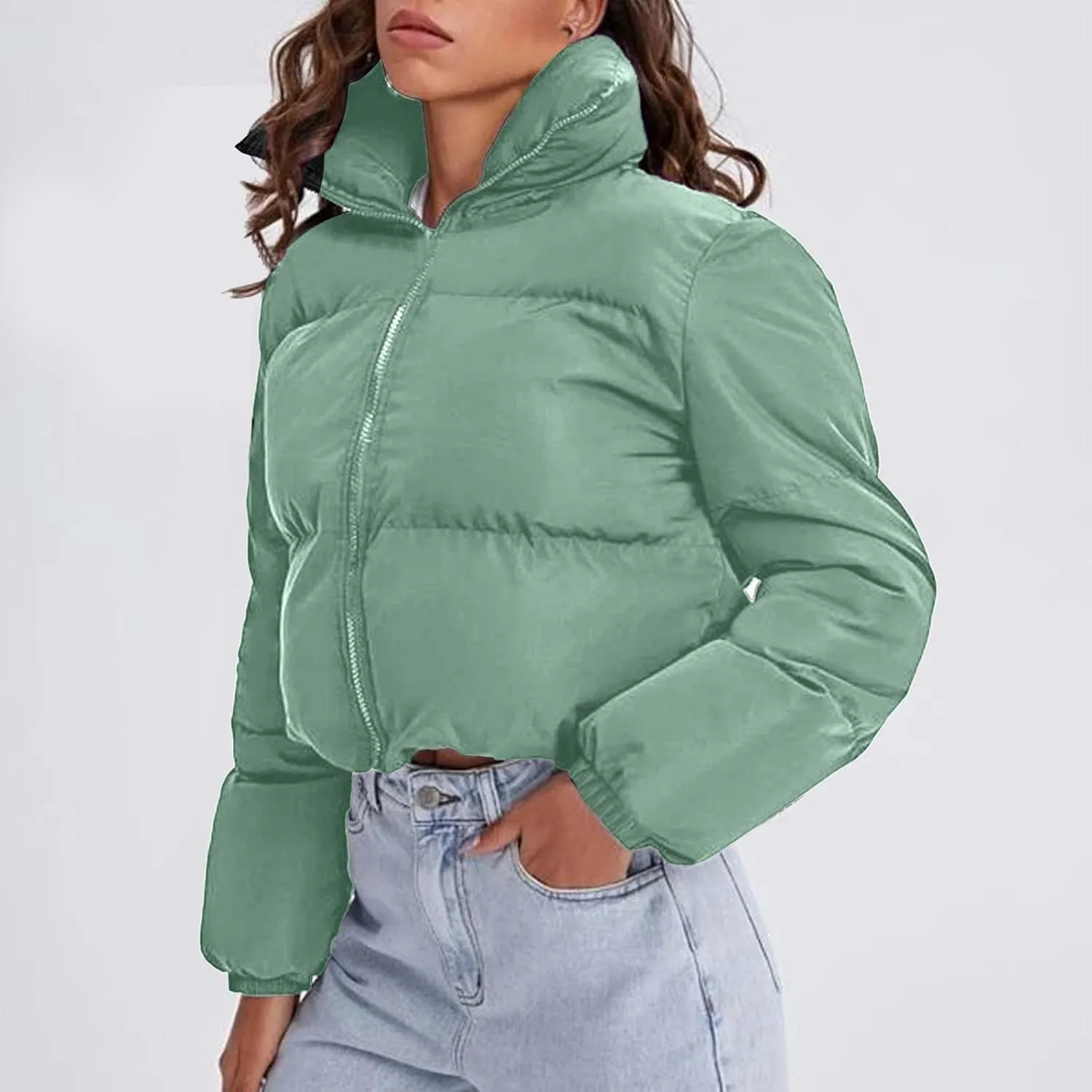 Womens Fashion Cropped Puffer Jacket Casual Solid Versatile Down Coat Slim Comfy Quilted Outwear 2024 Winter Warm Coats