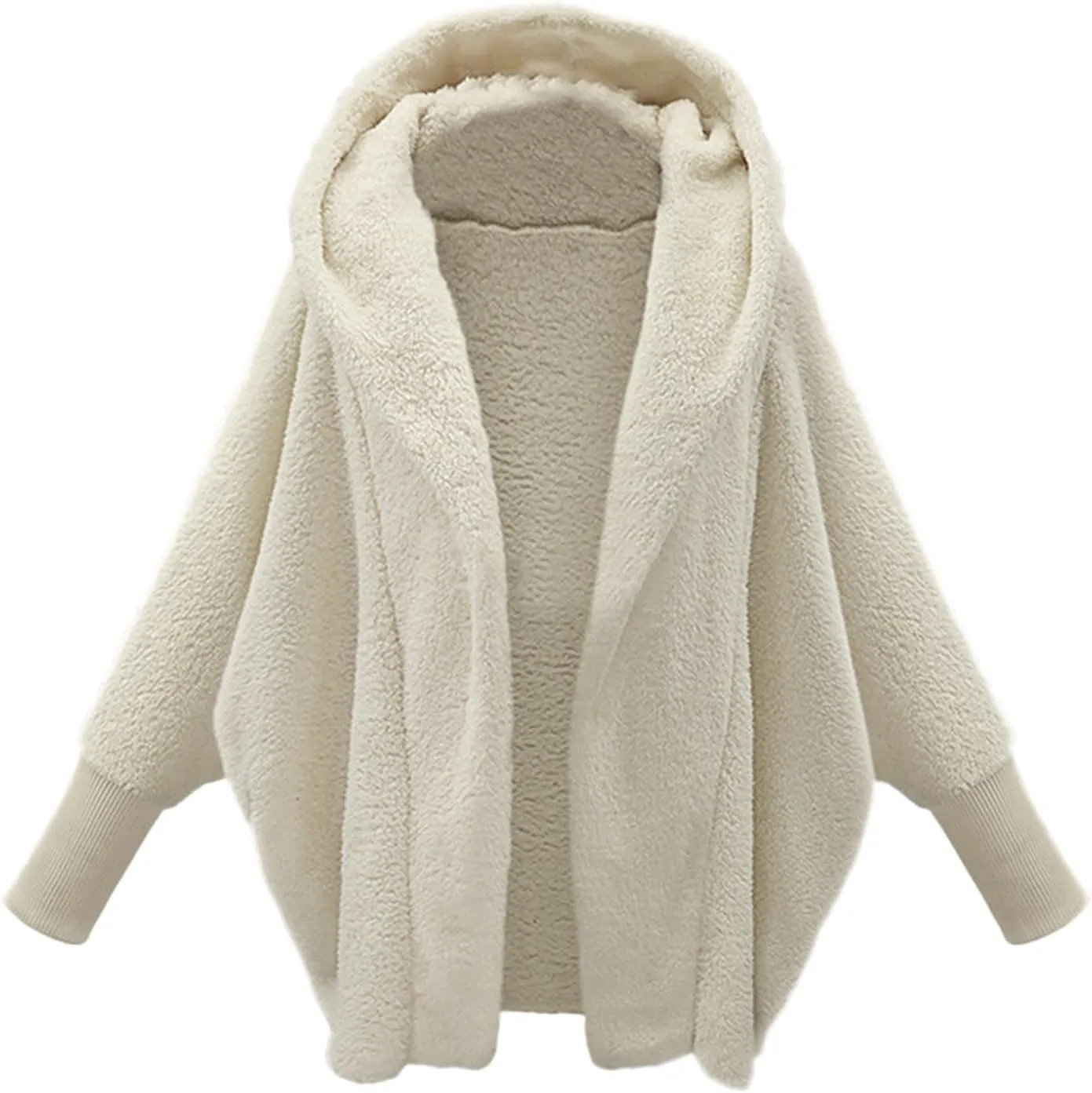 Women's Fleece Jacket Fashion Bat Sleeve Hooded Sweatshirt Solid Color Velvet Full Zip Jacket Open Front Outerwear