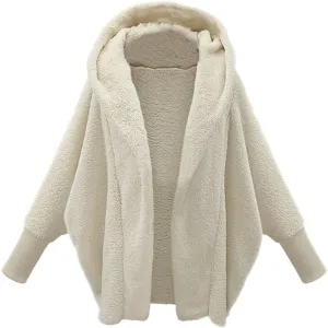 Women's Fleece Jacket Fashion Bat Sleeve Hooded Sweatshirt Solid Color Velvet Full Zip Jacket Open Front Outerwear