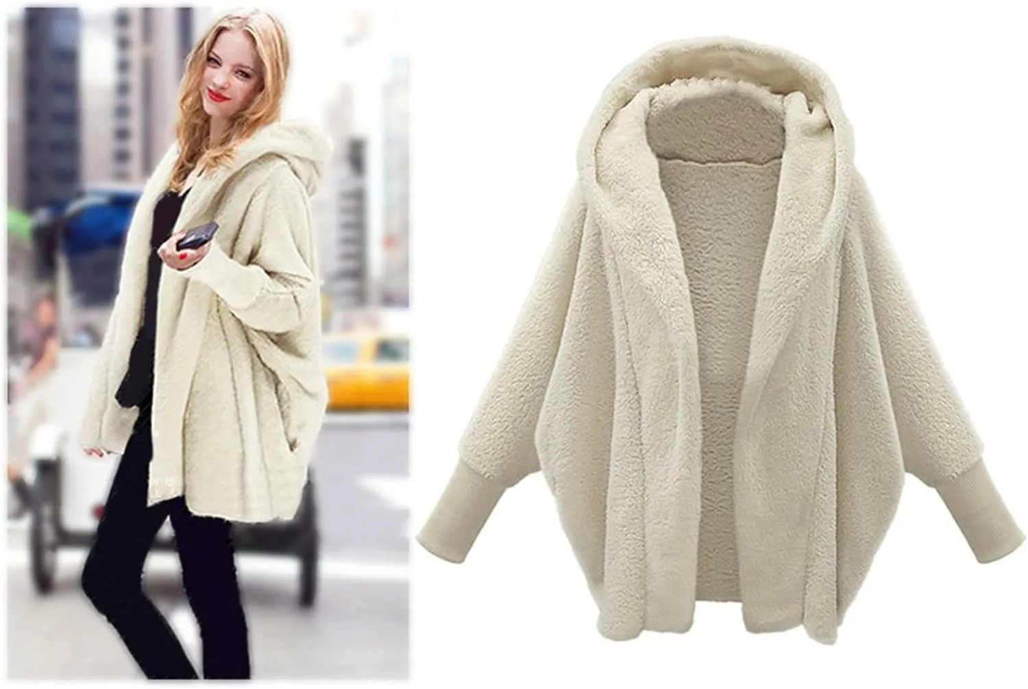 Women's Fleece Jacket Fashion Bat Sleeve Hooded Sweatshirt Solid Color Velvet Full Zip Jacket Open Front Outerwear
