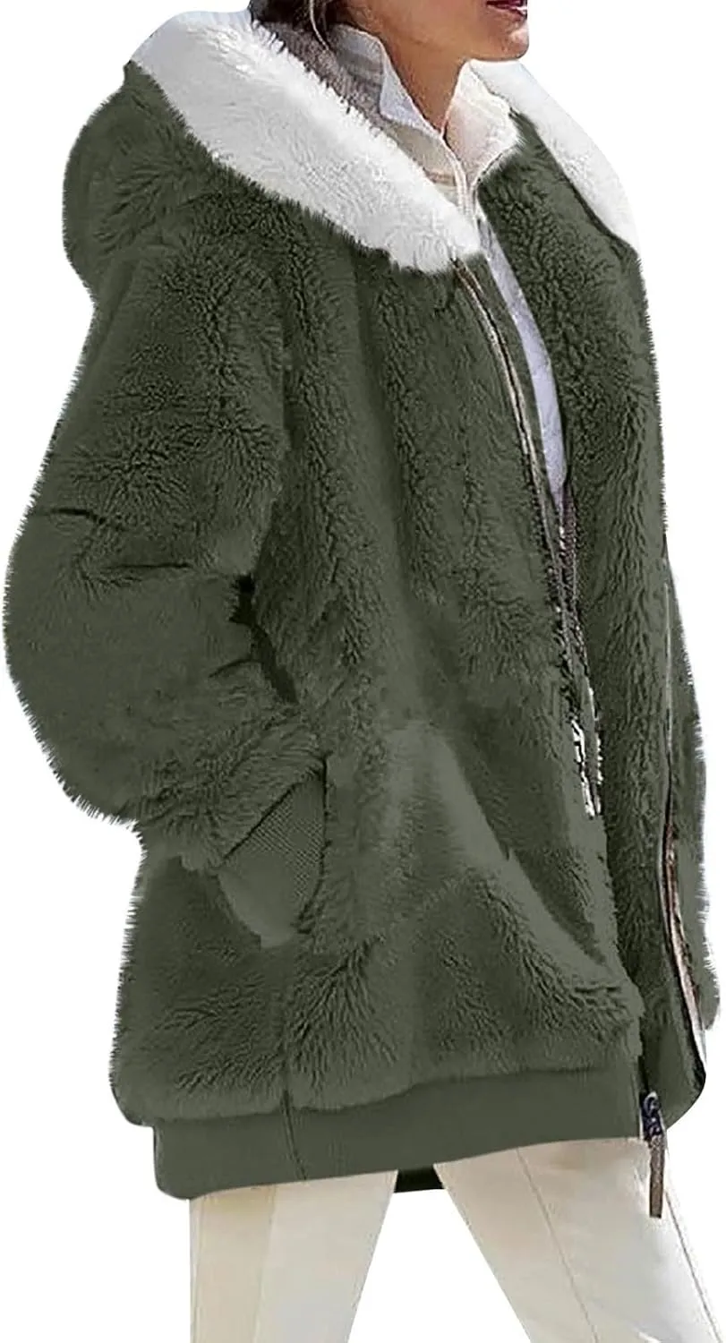 Womens Fleece Jacket Full Zip Fluffy Hoodie Winter Hooded Cardiagan Coat Sherpa Jacket with Pockets