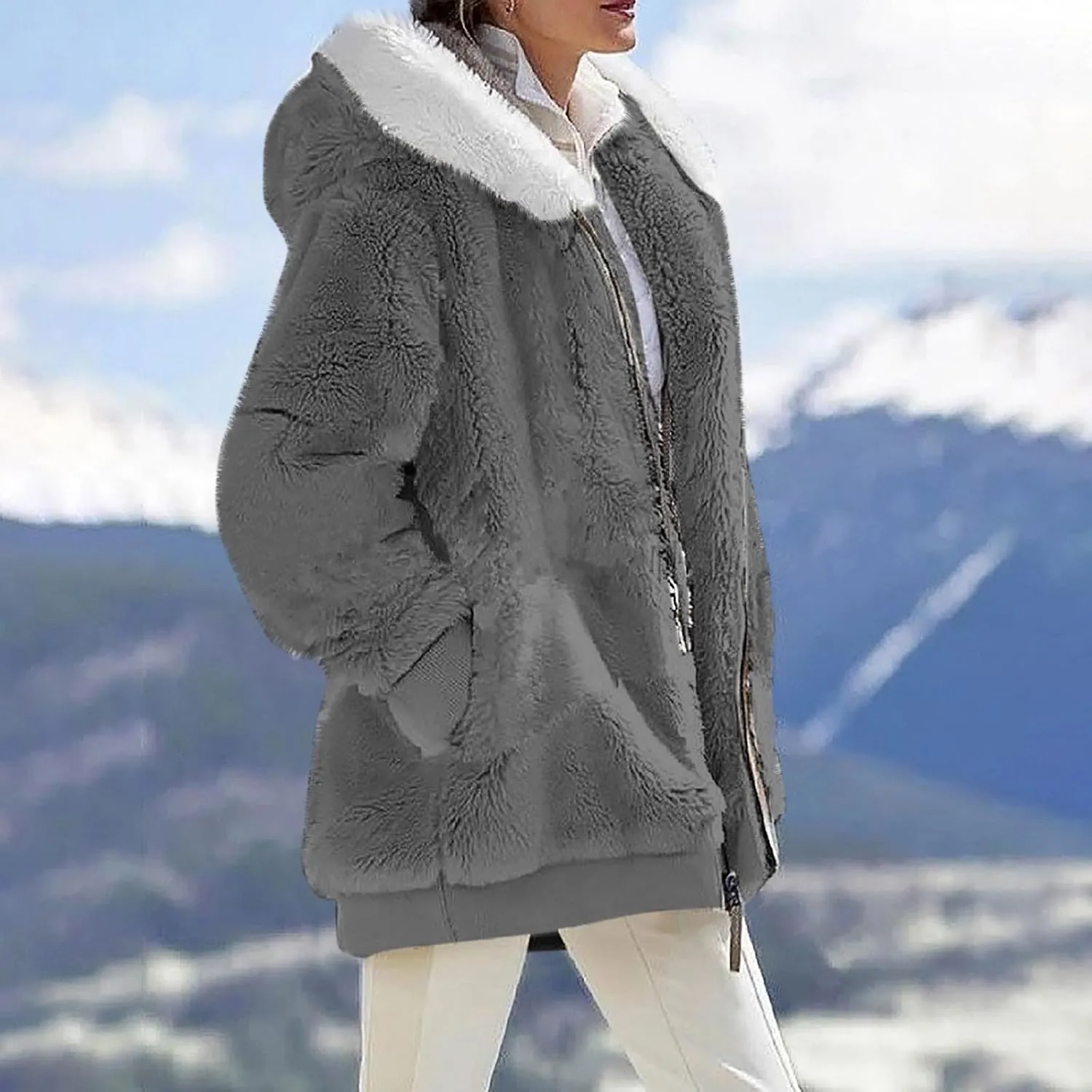 Womens Fleece Jacket Full Zip Fluffy Hoodie Winter Hooded Cardiagan Coat Sherpa Jacket with Pockets