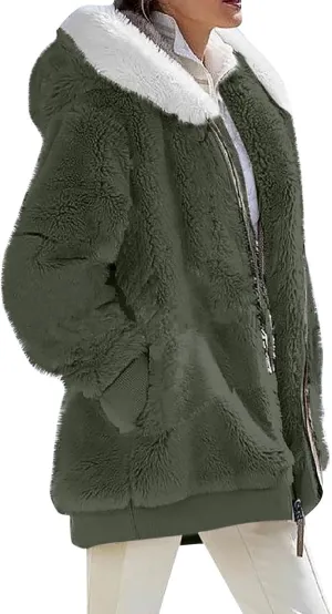 Womens Fleece Jacket Full Zip Fluffy Hoodie Winter Hooded Cardiagan Coat Sherpa Jacket with Pockets