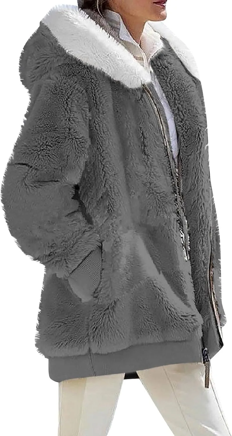 Womens Fleece Jacket Full Zip Fluffy Hoodie Winter Hooded Cardiagan Coat Sherpa Jacket with Pockets