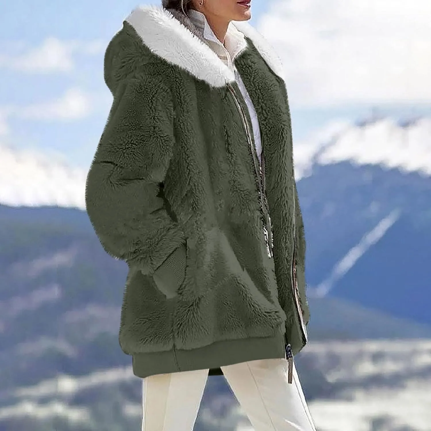 Womens Fleece Jacket Full Zip Fluffy Hoodie Winter Hooded Cardiagan Coat Sherpa Jacket with Pockets
