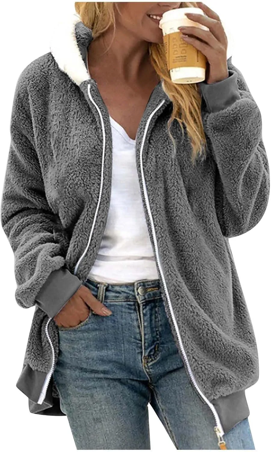 Womens Fleece Jacket Full Zip Fluffy Hoodie Winter Hooded Cardiagan Coat Sherpa Jacket with Pockets
