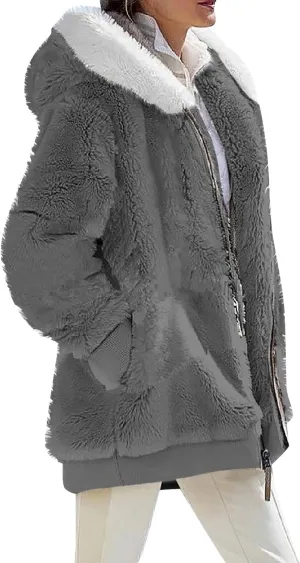 Womens Fleece Jacket Full Zip Fluffy Hoodie Winter Hooded Cardiagan Coat Sherpa Jacket with Pockets