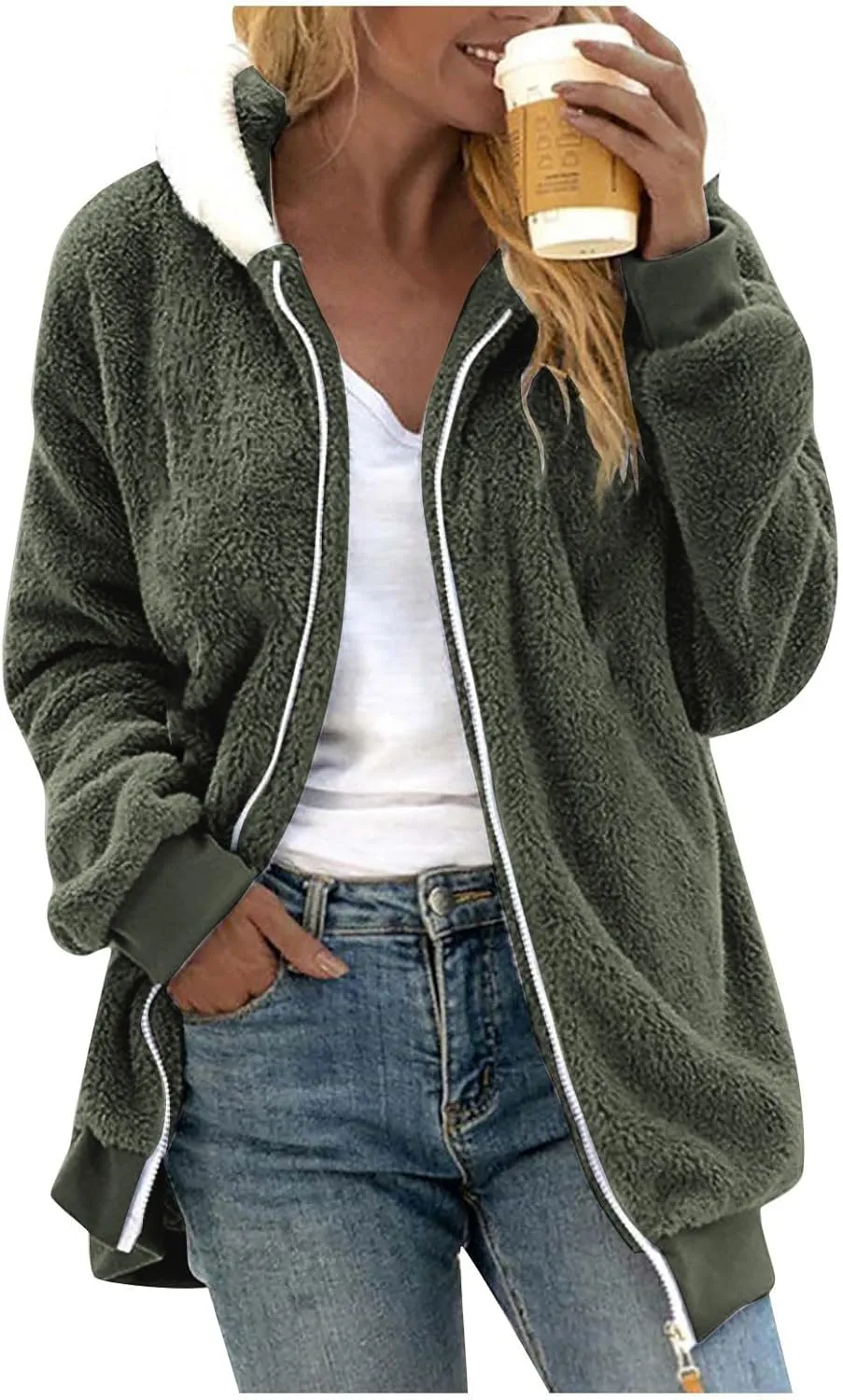 Womens Fleece Jacket Full Zip Fluffy Hoodie Winter Hooded Cardiagan Coat Sherpa Jacket with Pockets