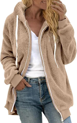 Womens Fleece Jacket With Hood Zip Up Fuzzy Sherpa Fur Jackets Winter Warm Shaggy Wool Coats Classic Hoodie Outerwear