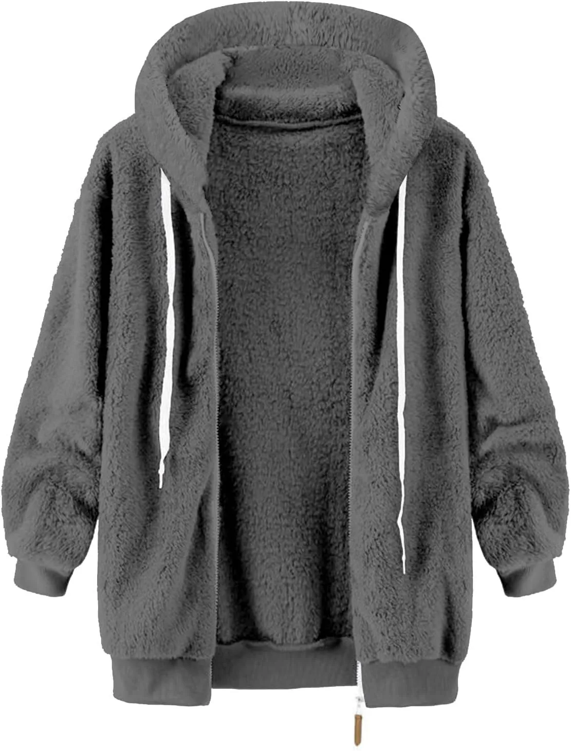 Womens Fleece Jacket With Hood Zip Up Fuzzy Sherpa Fur Jackets Winter Warm Shaggy Wool Coats Classic Hoodie Outerwear