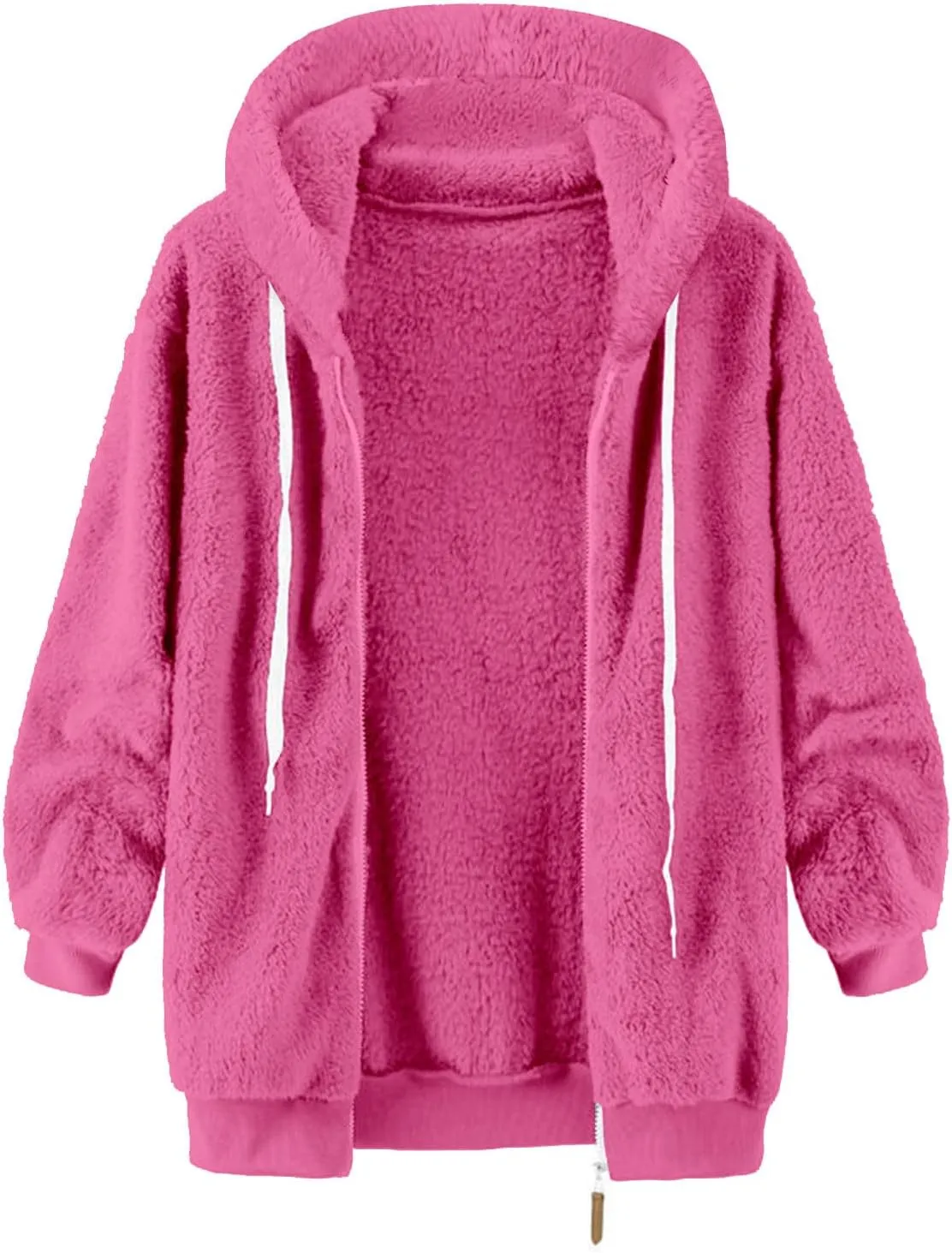 Womens Fleece Jacket With Hood Zip Up Fuzzy Sherpa Fur Jackets Winter Warm Shaggy Wool Coats Classic Hoodie Outerwear