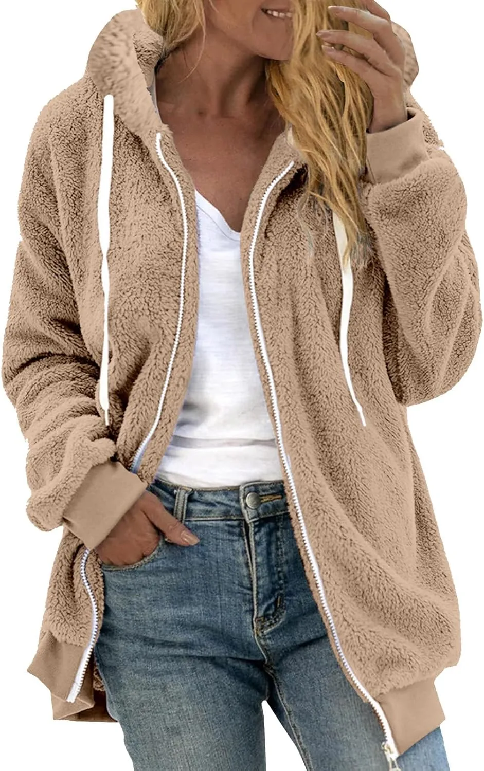 Womens Fleece Jacket With Hood Zip Up Fuzzy Sherpa Fur Jackets Winter Warm Shaggy Wool Coats Classic Hoodie Outerwear
